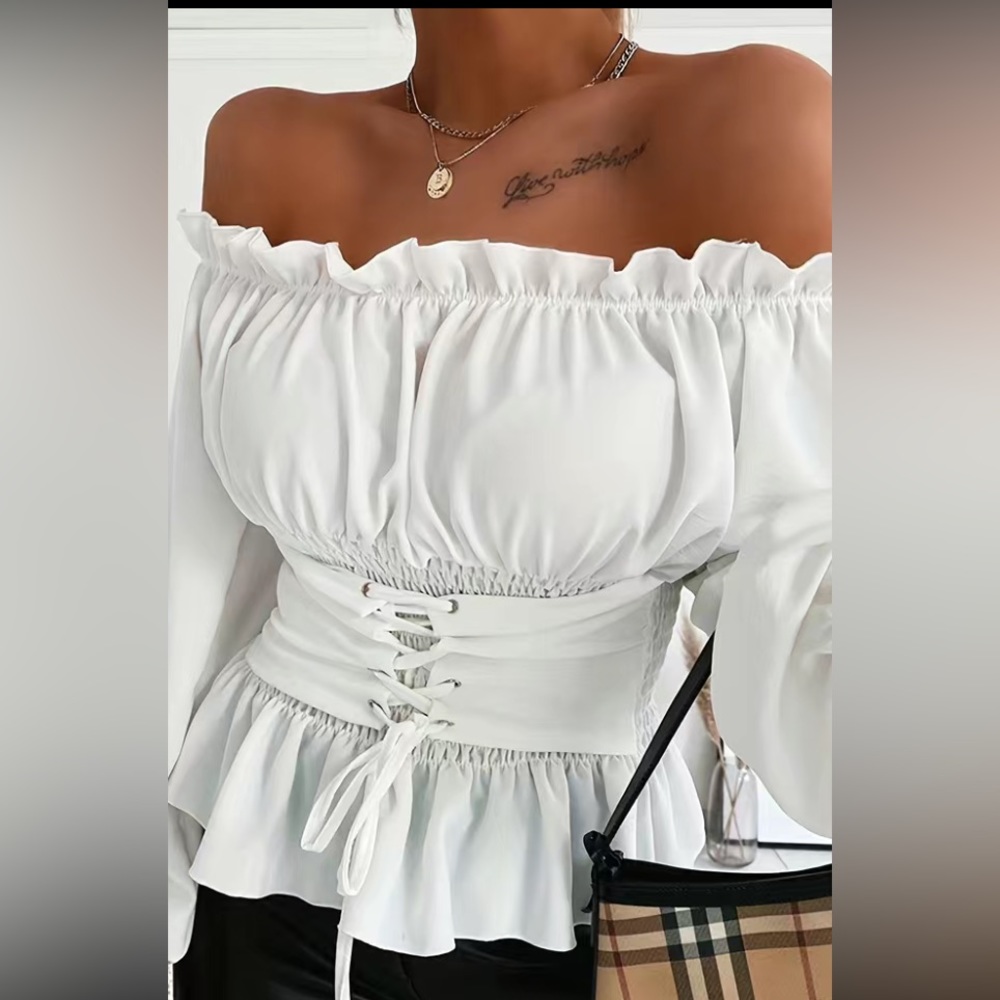 A) Ladies White Off The Shoulder Ruffled Long Sleeve Blouse. NWOT